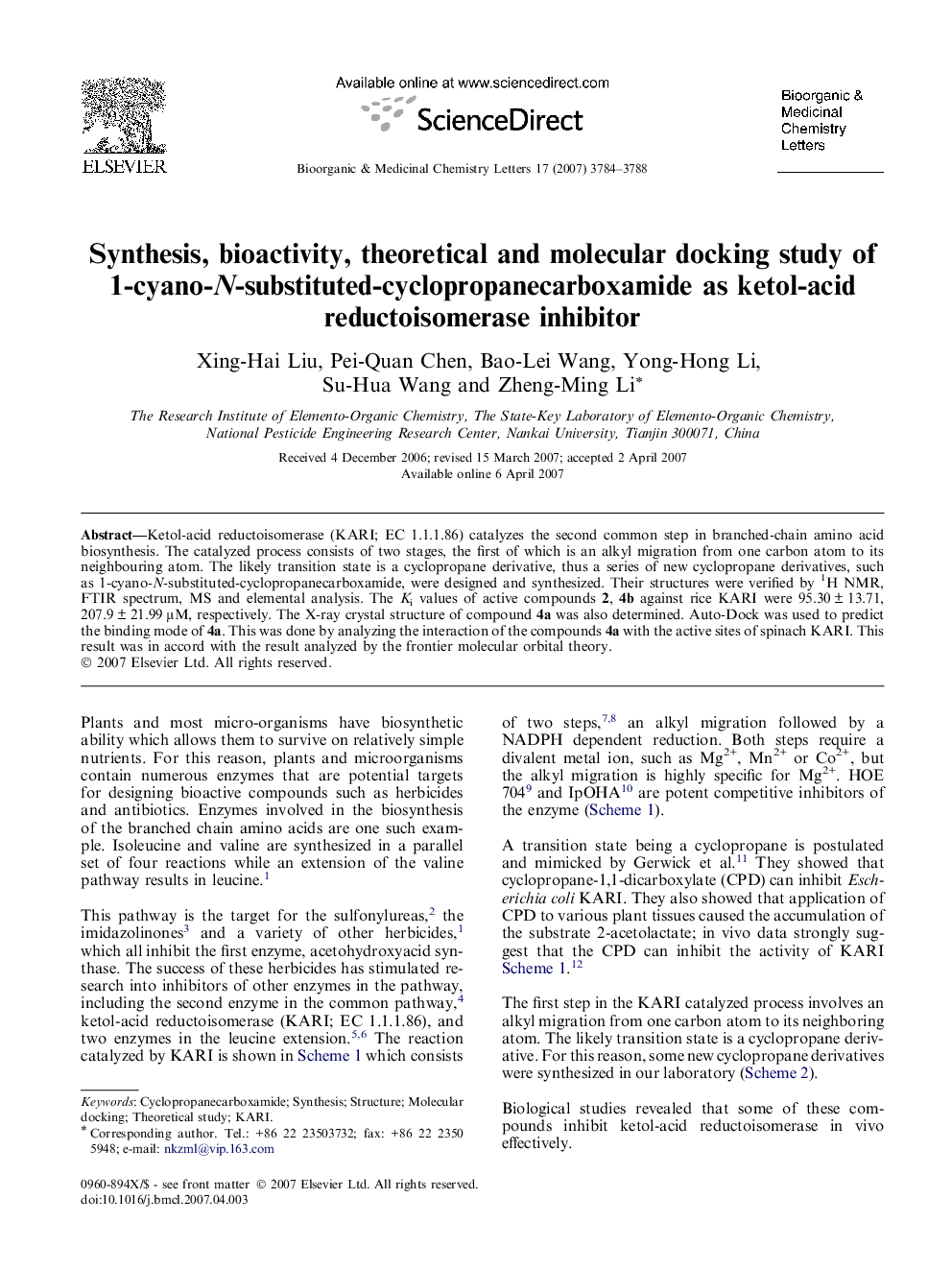 Synthesis, bioactivity, theoretical and molecular docking study of 1-cyano-N-substituted-cyclopropanecarboxamide as ketol-acid reductoisomerase inhibitor