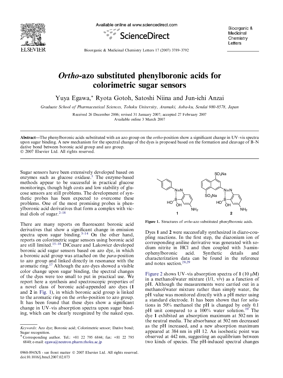 Ortho-azo substituted phenylboronic acids for colorimetric sugar sensors
