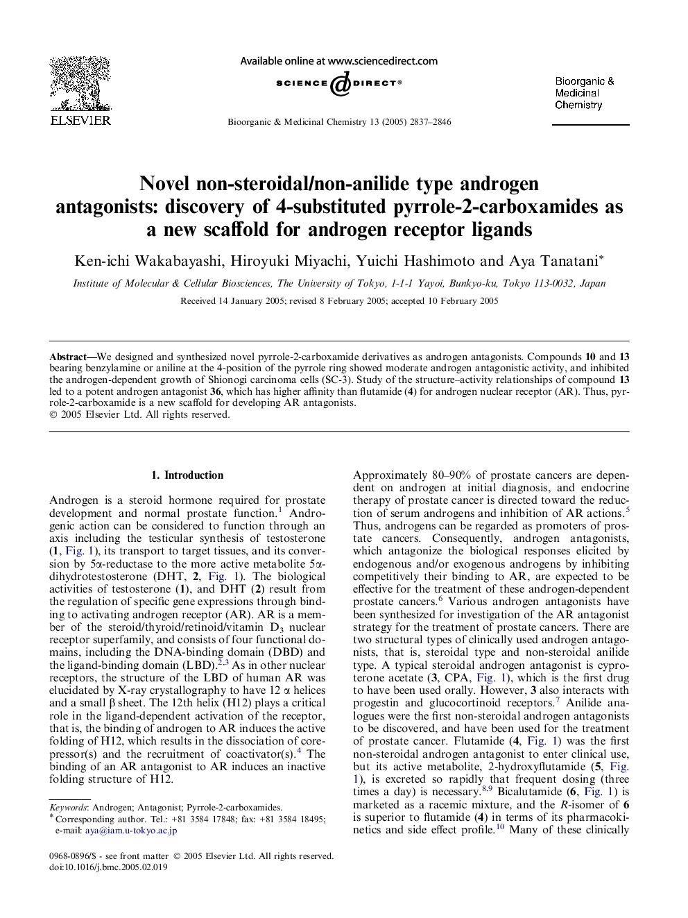عکس صفحه اول مقاله: Novel non-steroidal/non-anilide type androgen antagonists: discovery of 4-substituted pyrrole-2-carboxamides as a new scaffold for androgen receptor ligands Novel non-steroidal/non-anilide type androgen antagonists: discovery of 4-substituted pyrrole-2-carboxamides as a new scaffold for androgen receptor ligands