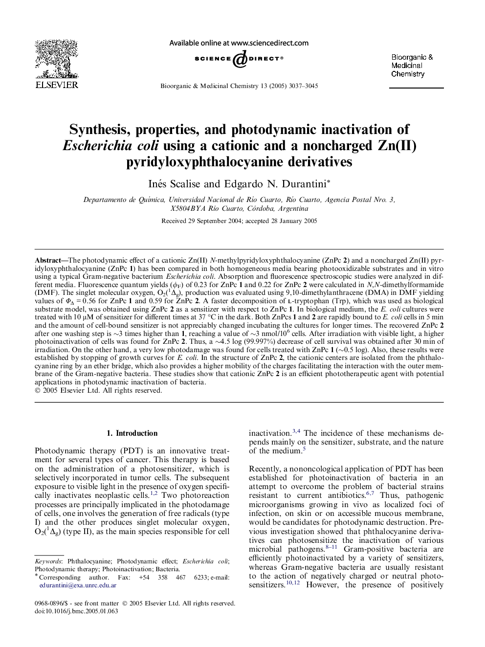 Synthesis, properties, and photodynamic inactivation of Escherichia coli using a cationic and a noncharged Zn(II) pyridyloxyphthalocyanine derivatives