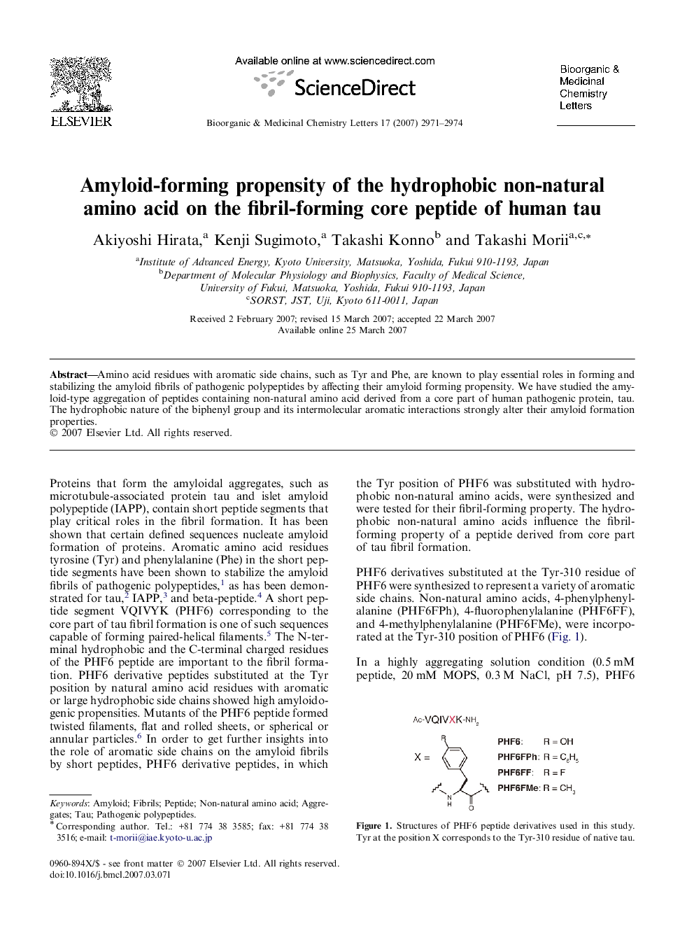 Amyloid-forming propensity of the hydrophobic non-natural amino acid on the fibril-forming core peptide of human tau