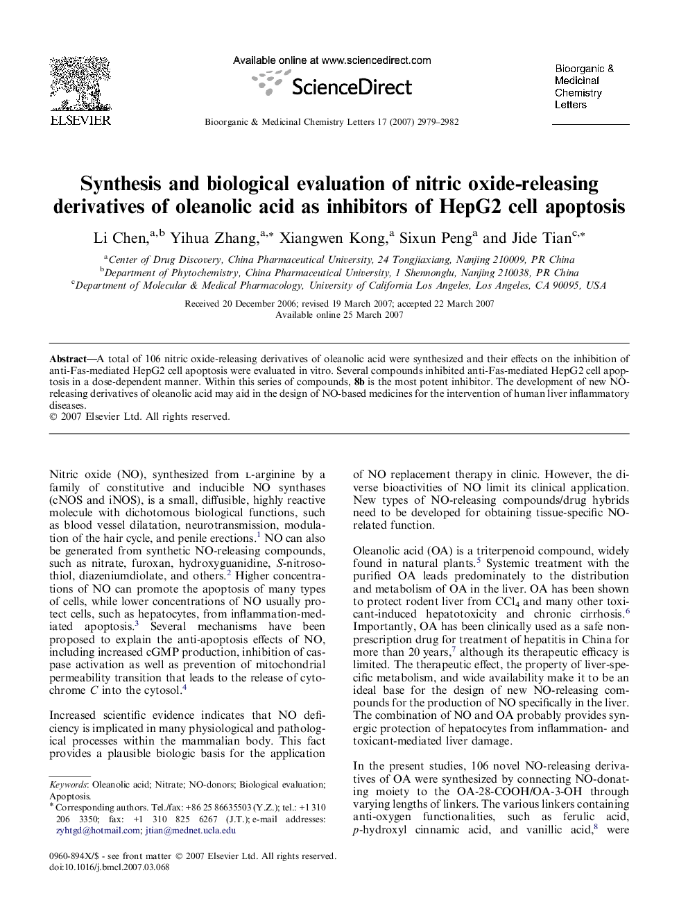 Synthesis and biological evaluation of nitric oxide-releasing derivatives of oleanolic acid as inhibitors of HepG2 cell apoptosis