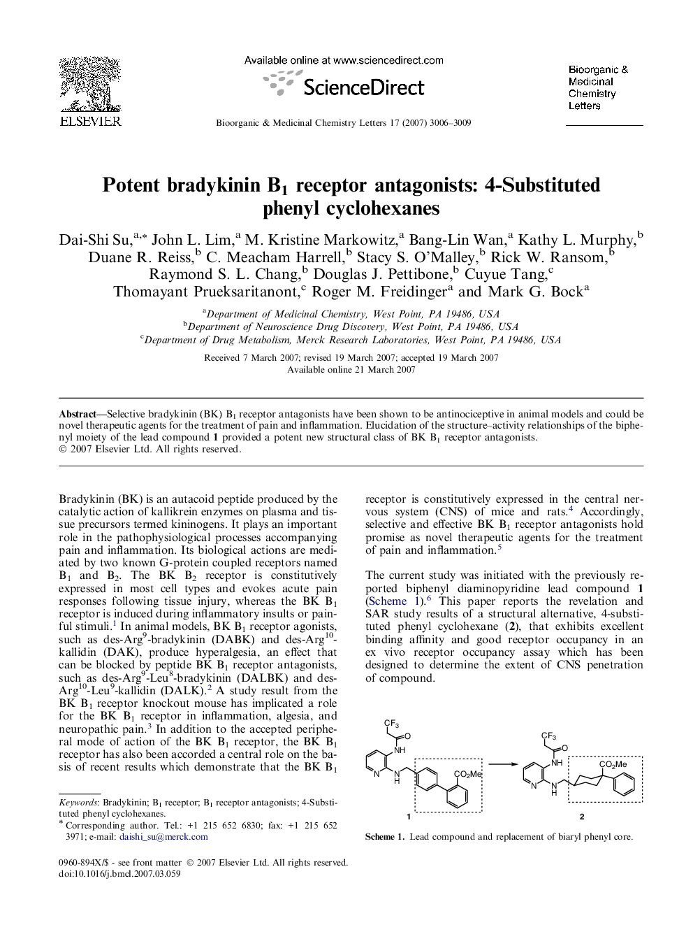 Potent bradykinin B1 receptor antagonists: 4-Substituted phenyl cyclohexanes