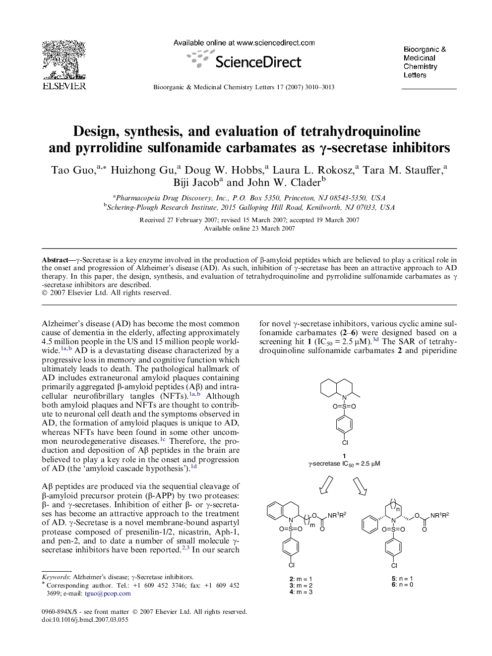 Design, synthesis, and evaluation of tetrahydroquinoline and pyrrolidine sulfonamide carbamates as γ-secretase inhibitors