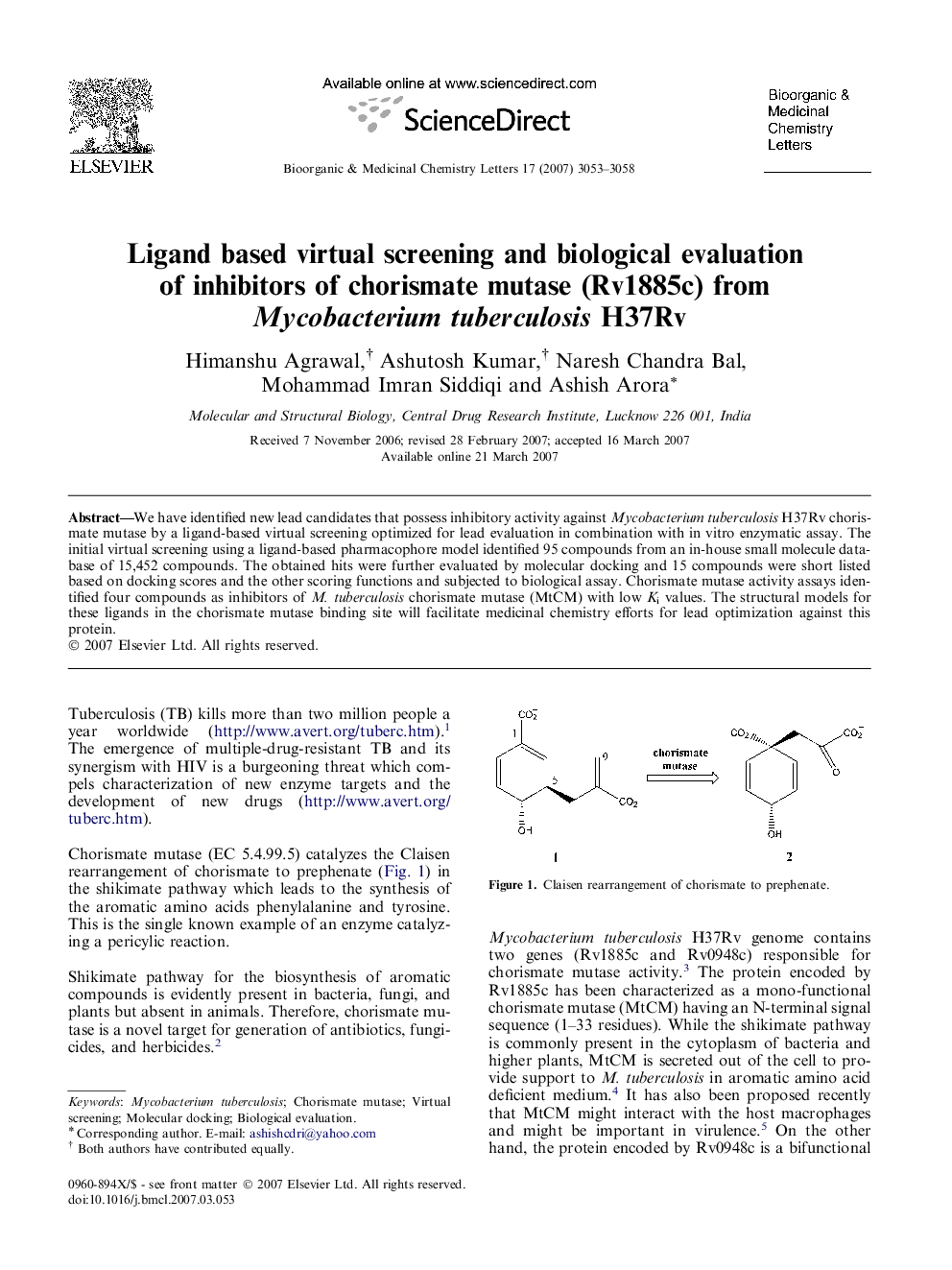 Ligand based virtual screening and biological evaluation of inhibitors of chorismate mutase (Rv1885c) from Mycobacterium tuberculosis H37Rv