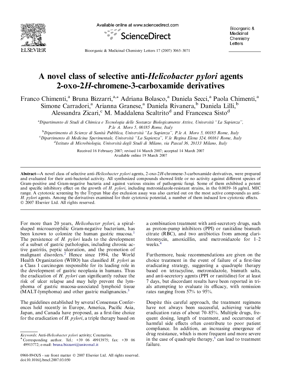 A novel class of selective anti-Helicobacter pylori agents 2-oxo-2H-chromene-3-carboxamide derivatives