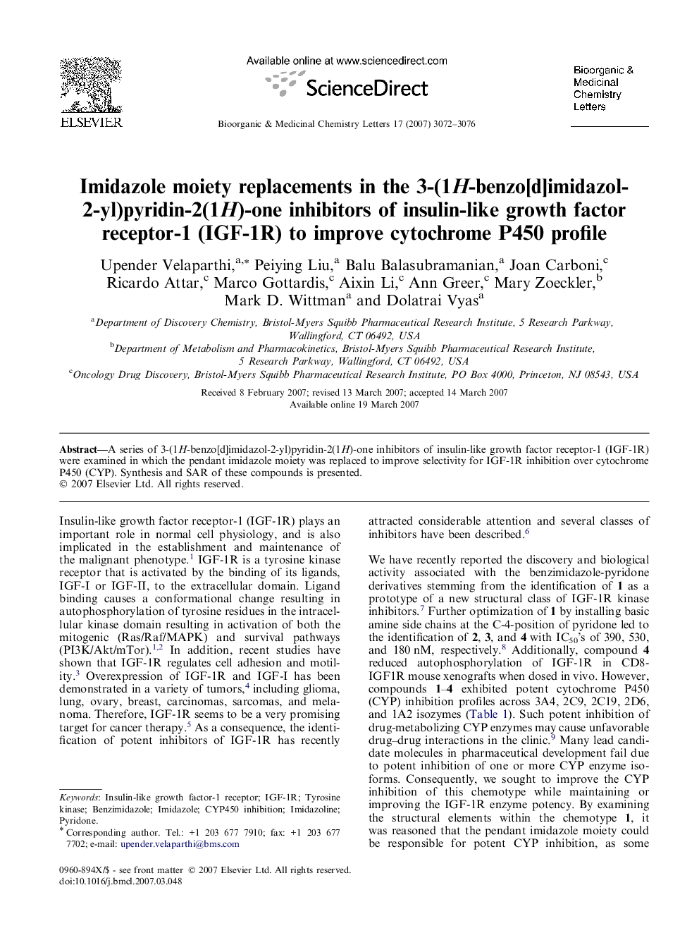 Imidazole moiety replacements in the 3-(1H-benzo[d]imidazol-2-yl)pyridin-2(1H)-one inhibitors of insulin-like growth factor receptor-1 (IGF-1R) to improve cytochrome P450 profile