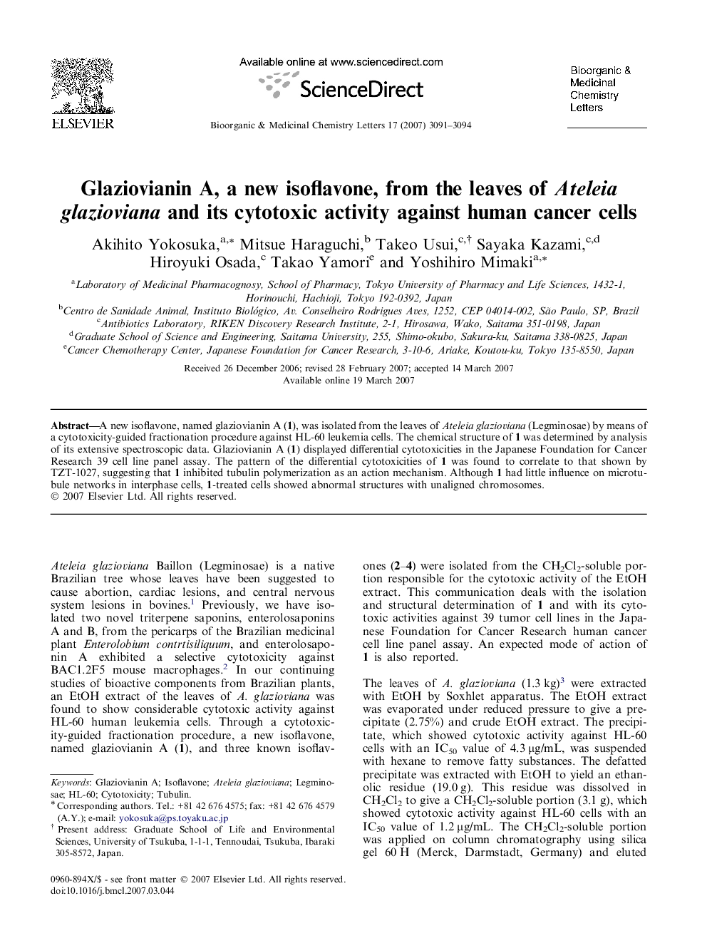 Glaziovianin A, a new isoflavone, from the leaves of Ateleia glazioviana and its cytotoxic activity against human cancer cells