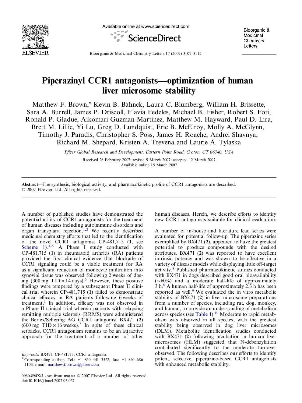 Piperazinyl CCR1 antagonists—optimization of human liver microsome stability
