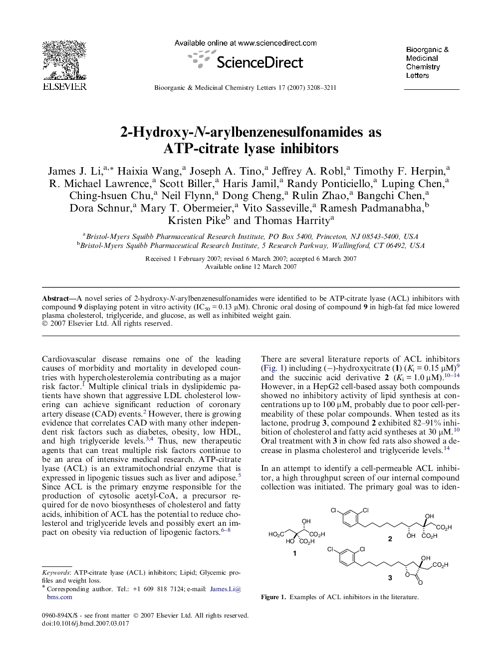 2-Hydroxy-N-arylbenzenesulfonamides as ATP-citrate lyase inhibitors