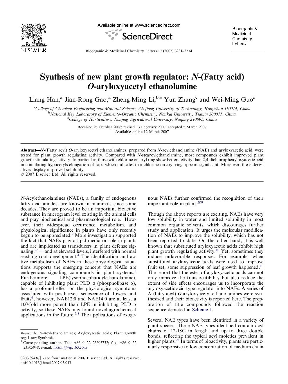 Synthesis of new plant growth regulator: N-(Fatty acid) O-aryloxyacetyl ethanolamine