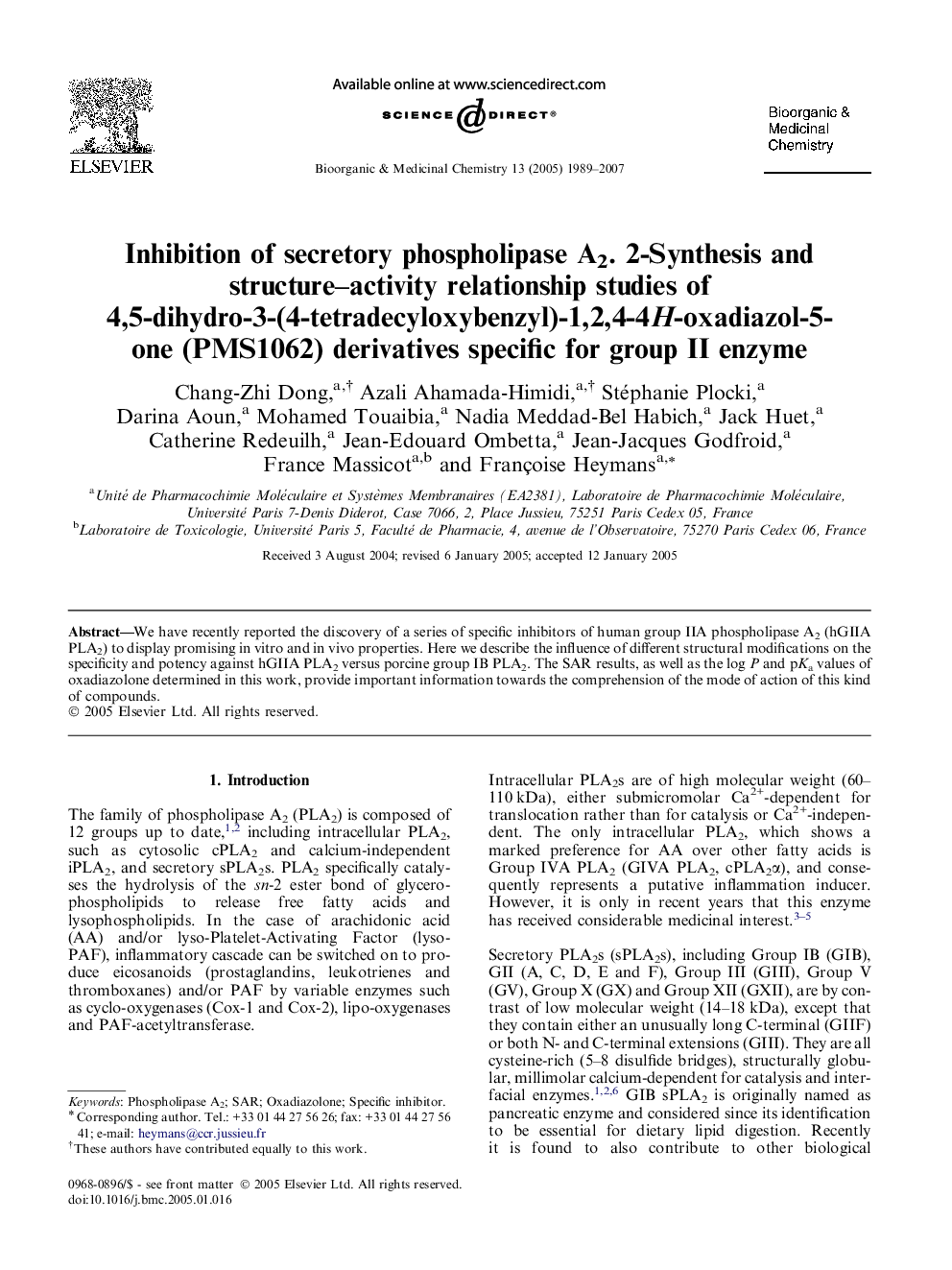 Inhibition of secretory phospholipase A2. 2-Synthesis and structure–activity relationship studies of 4,5-dihydro-3-(4-tetradecyloxybenzyl)-1,2,4-4H-oxadiazol-5-one (PMS1062) derivatives specific for group II enzyme