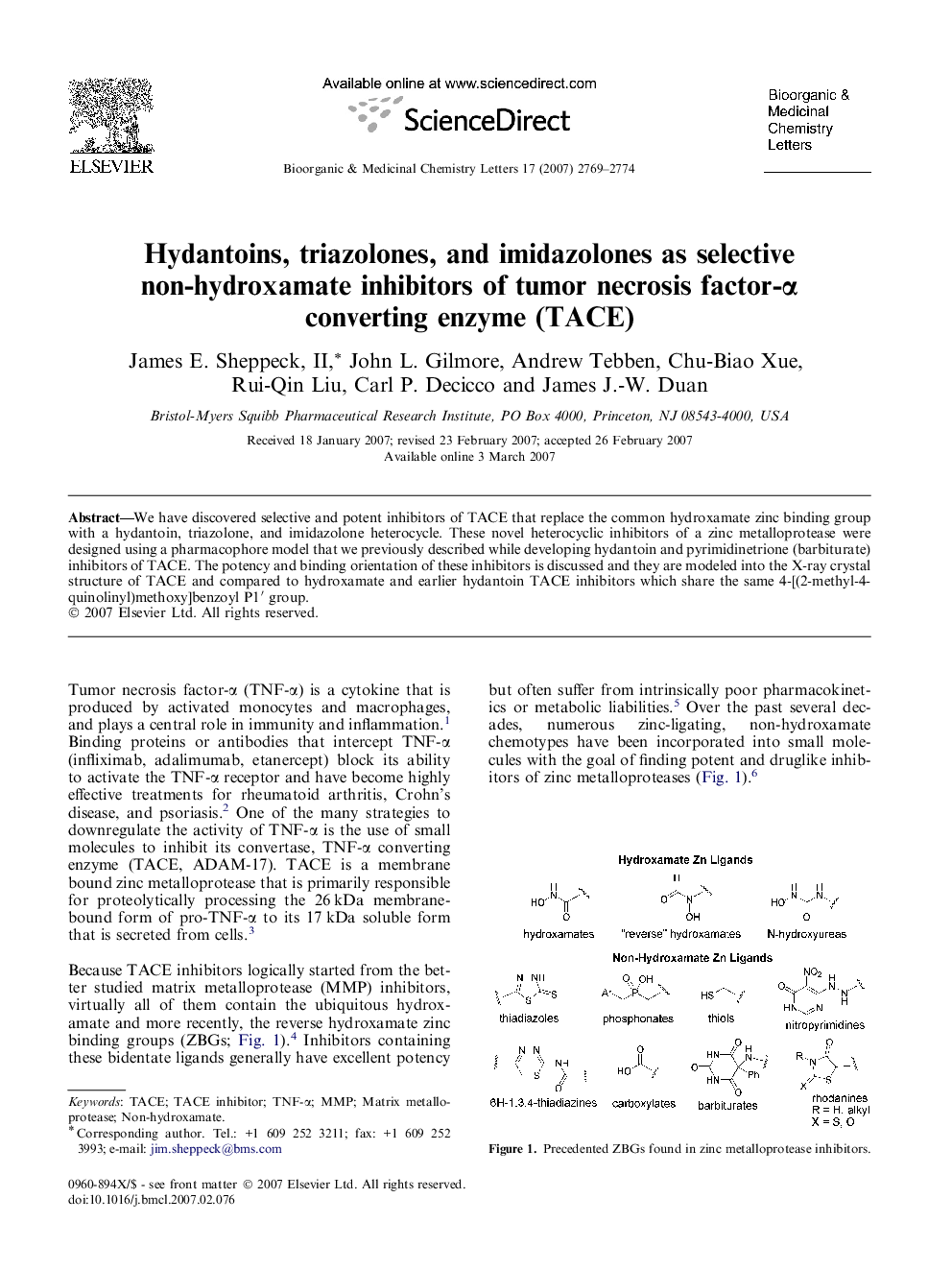 Hydantoins, triazolones, and imidazolones as selective non-hydroxamate inhibitors of tumor necrosis factor-α converting enzyme (TACE)