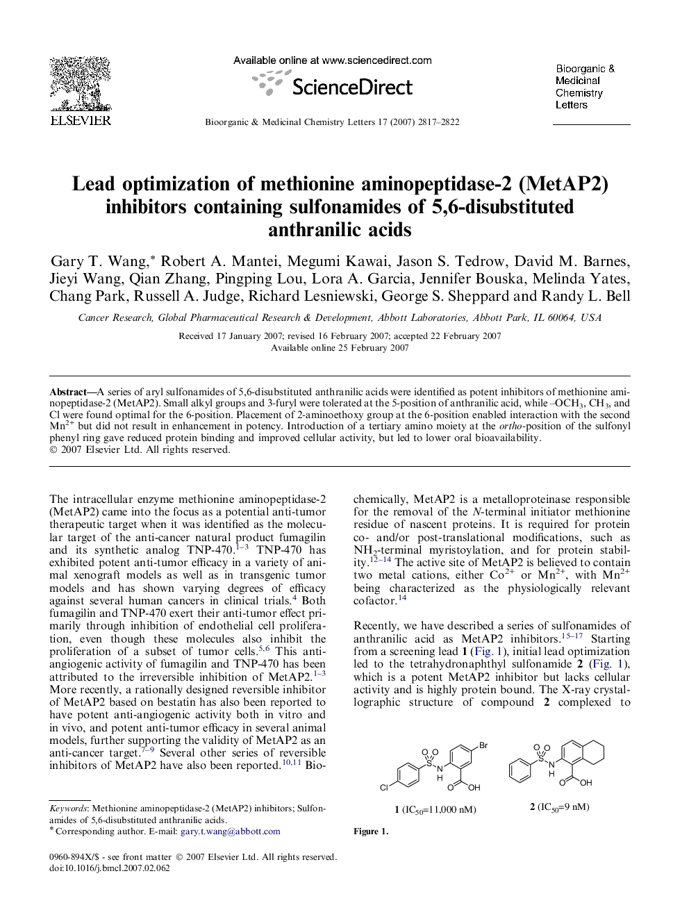 Lead optimization of methionine aminopeptidase-2 (MetAP2) inhibitors containing sulfonamides of 5,6-disubstituted anthranilic acids