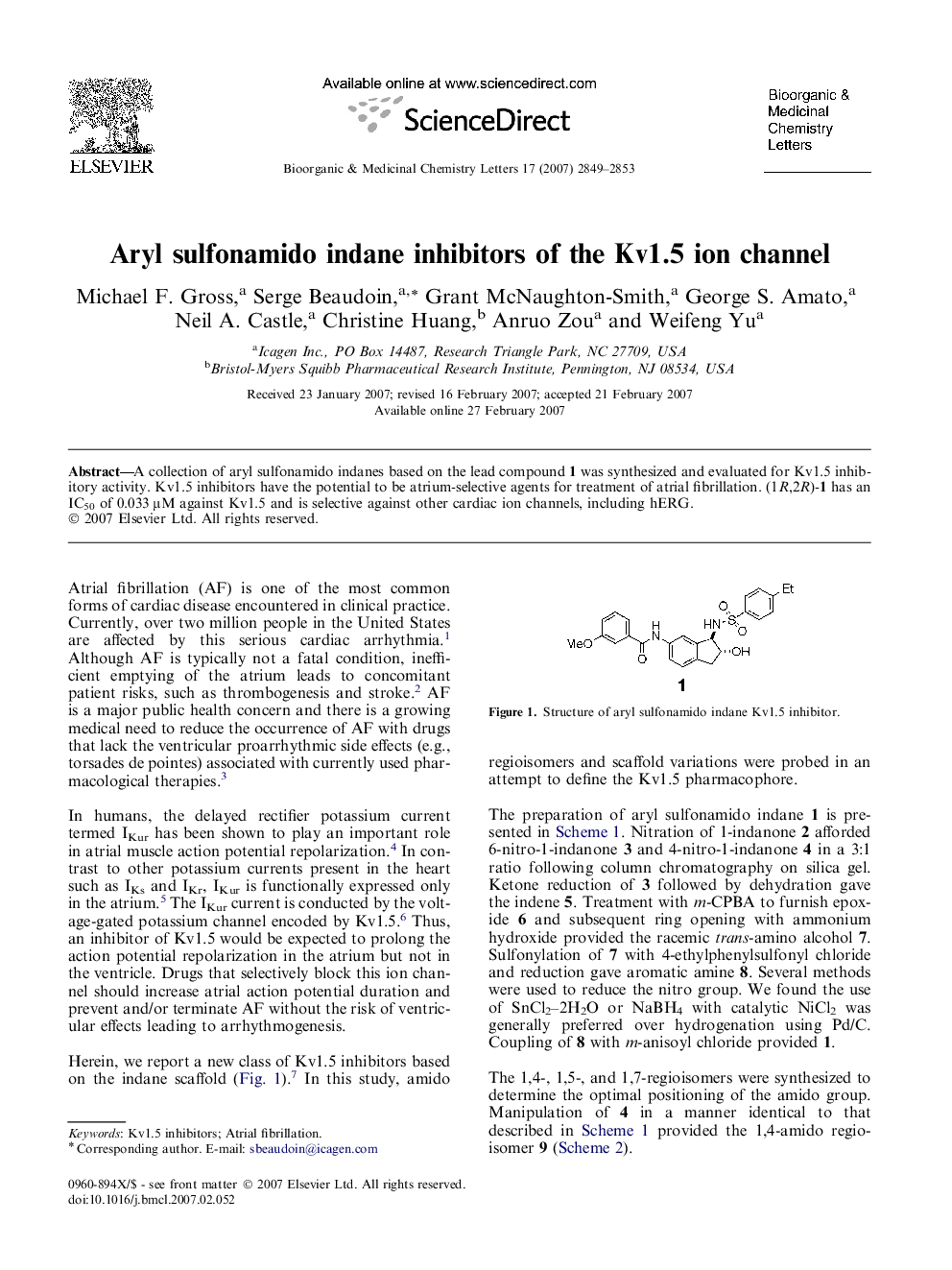 Aryl sulfonamido indane inhibitors of the Kv1.5 ion channel