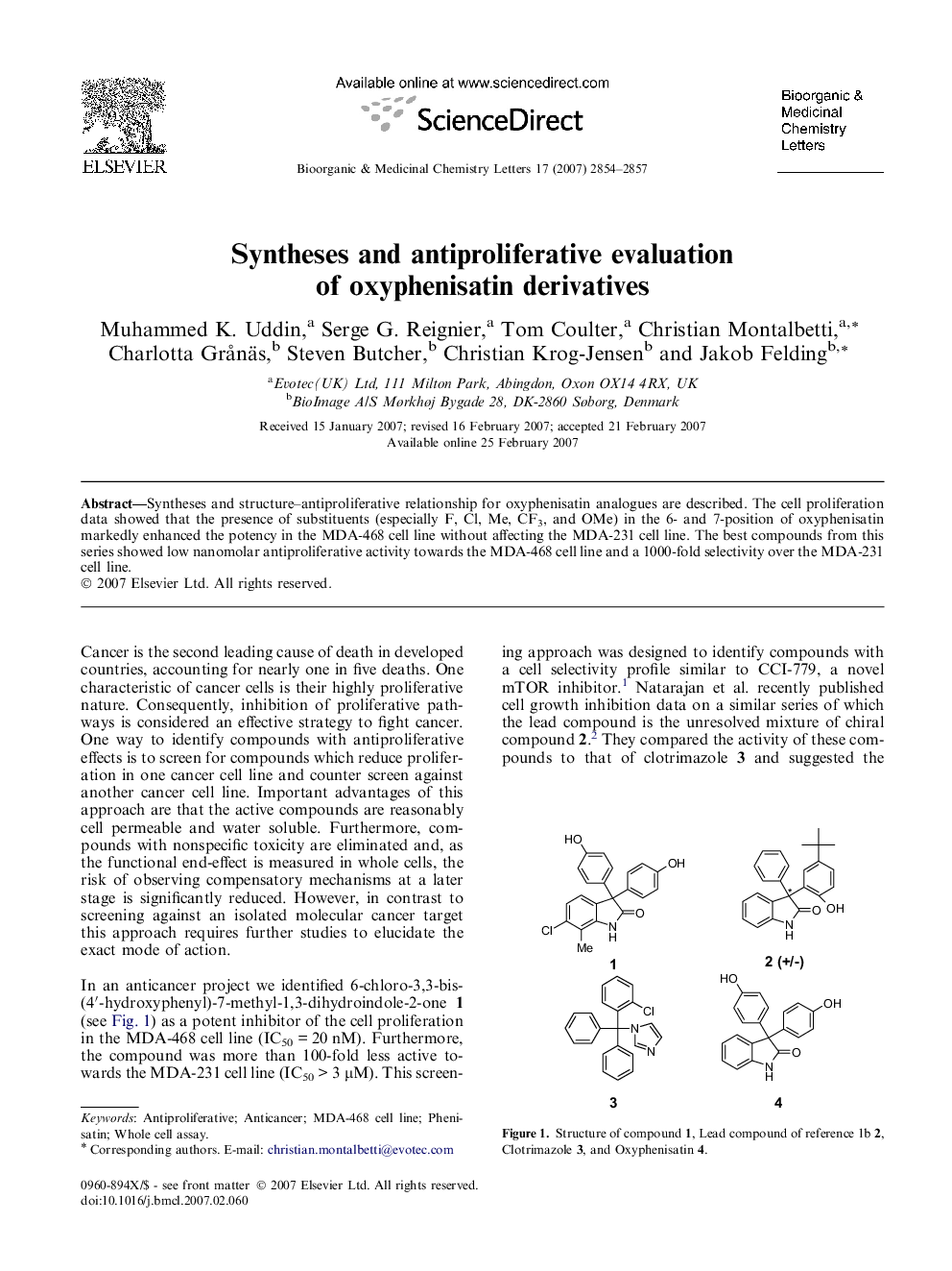 Syntheses and antiproliferative evaluation of oxyphenisatin derivatives