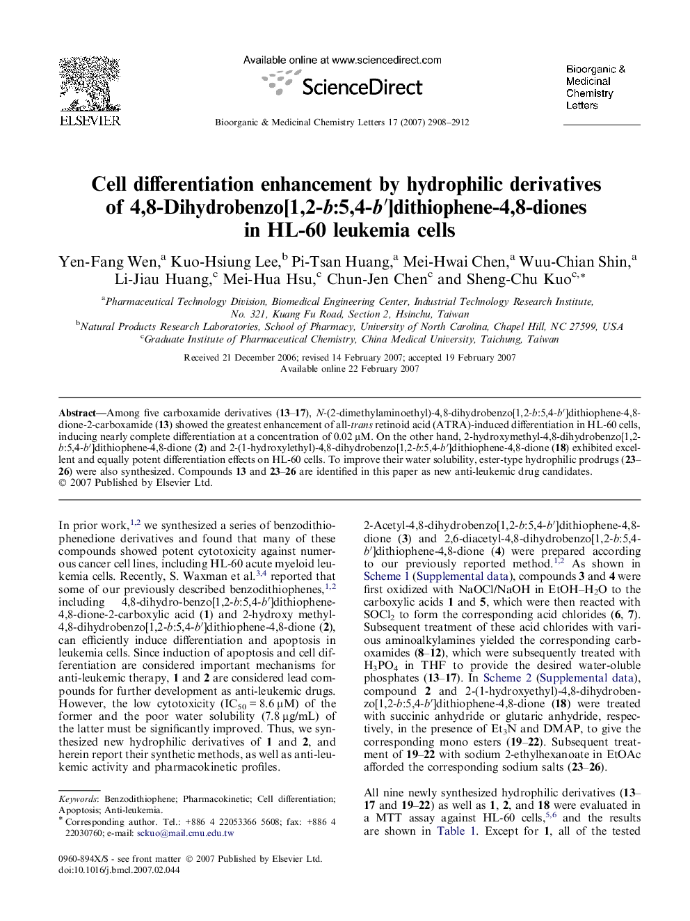 Cell differentiation enhancement by hydrophilic derivatives of 4,8-Dihydrobenzo[1,2-b:5,4-b′]dithiophene-4,8-diones in HL-60 leukemia cells