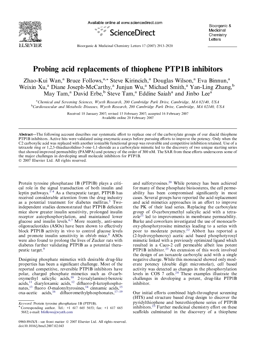 Probing acid replacements of thiophene PTP1B inhibitors