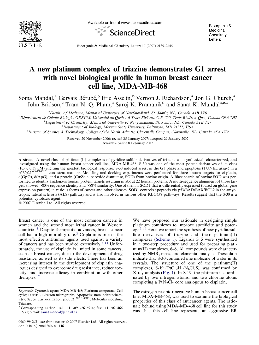 A new platinum complex of triazine demonstrates G1 arrest with novel biological profile in human breast cancer cell line, MDA-MB-468