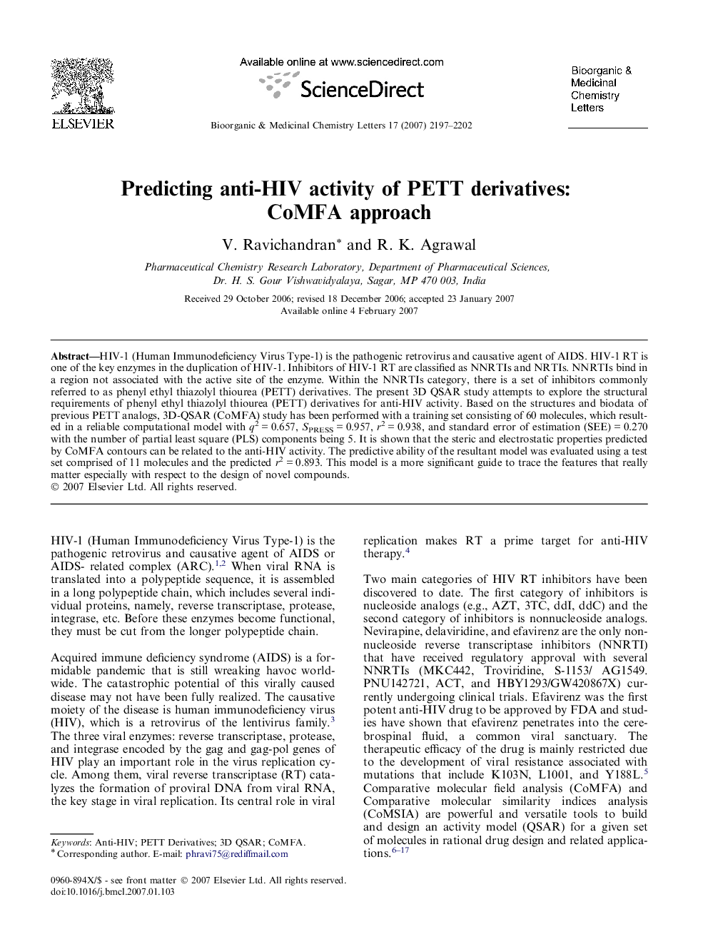 Predicting anti-HIV activity of PETT derivatives: CoMFA approach