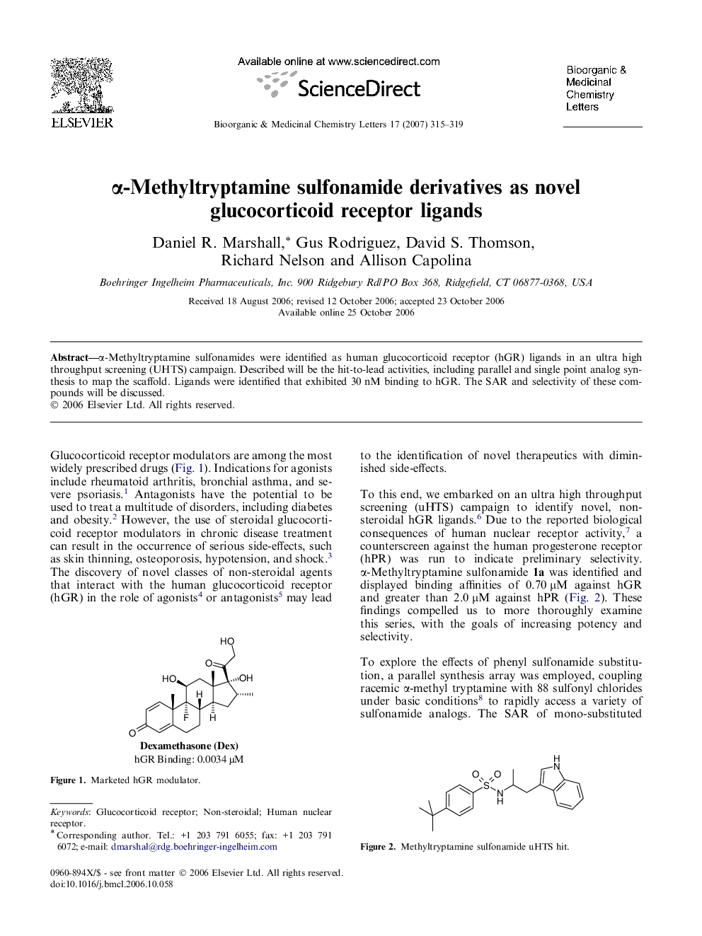 α-Methyltryptamine sulfonamide derivatives as novel glucocorticoid receptor ligands