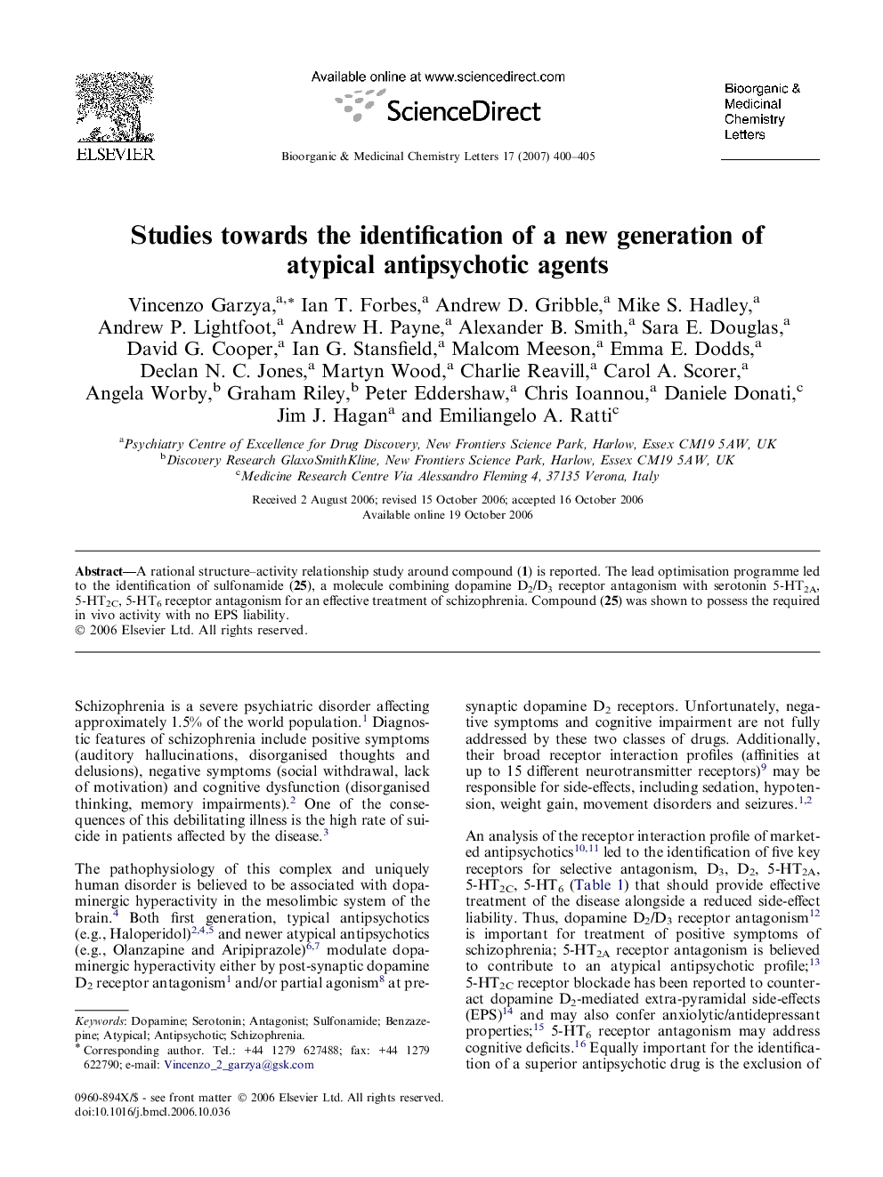 Studies towards the identification of a new generation of atypical antipsychotic agents