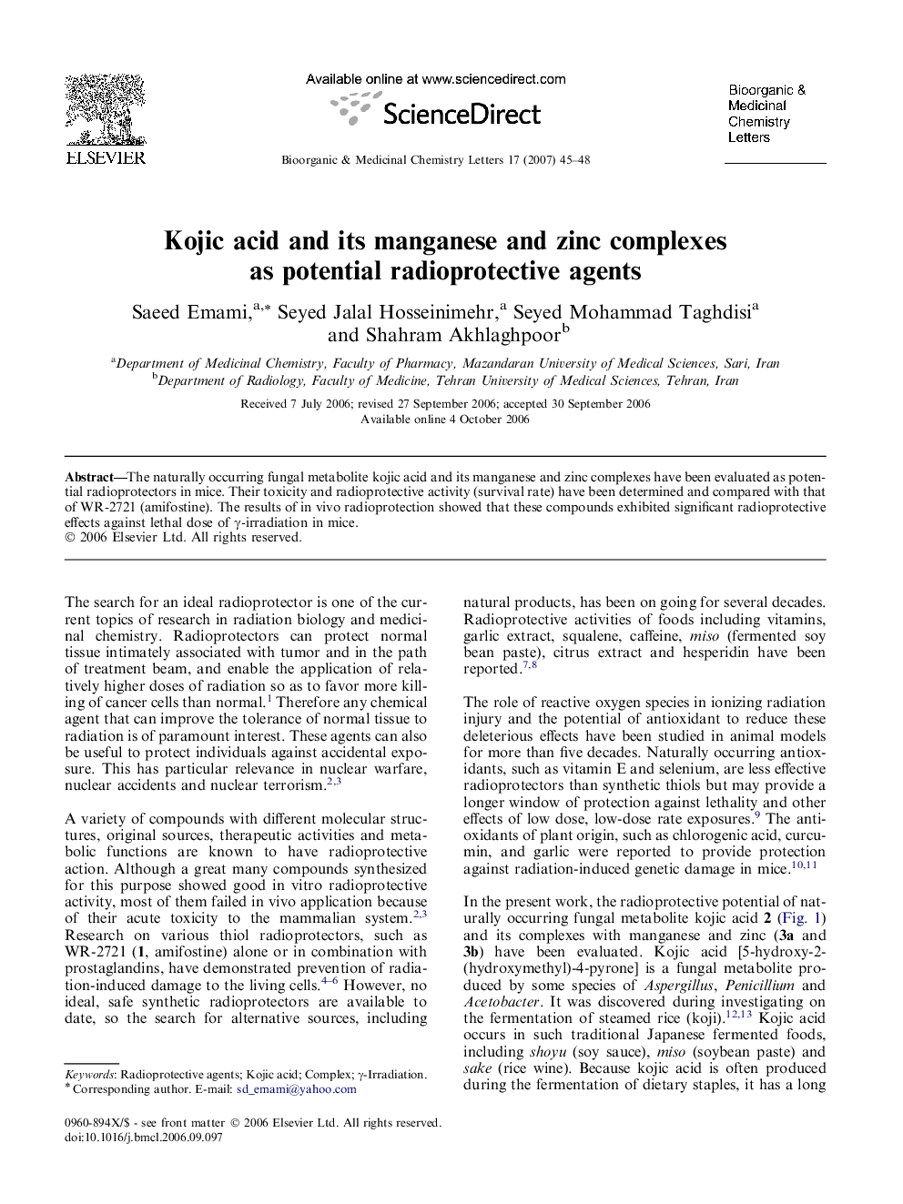 Kojic acid and its manganese and zinc complexes as potential radioprotective agents