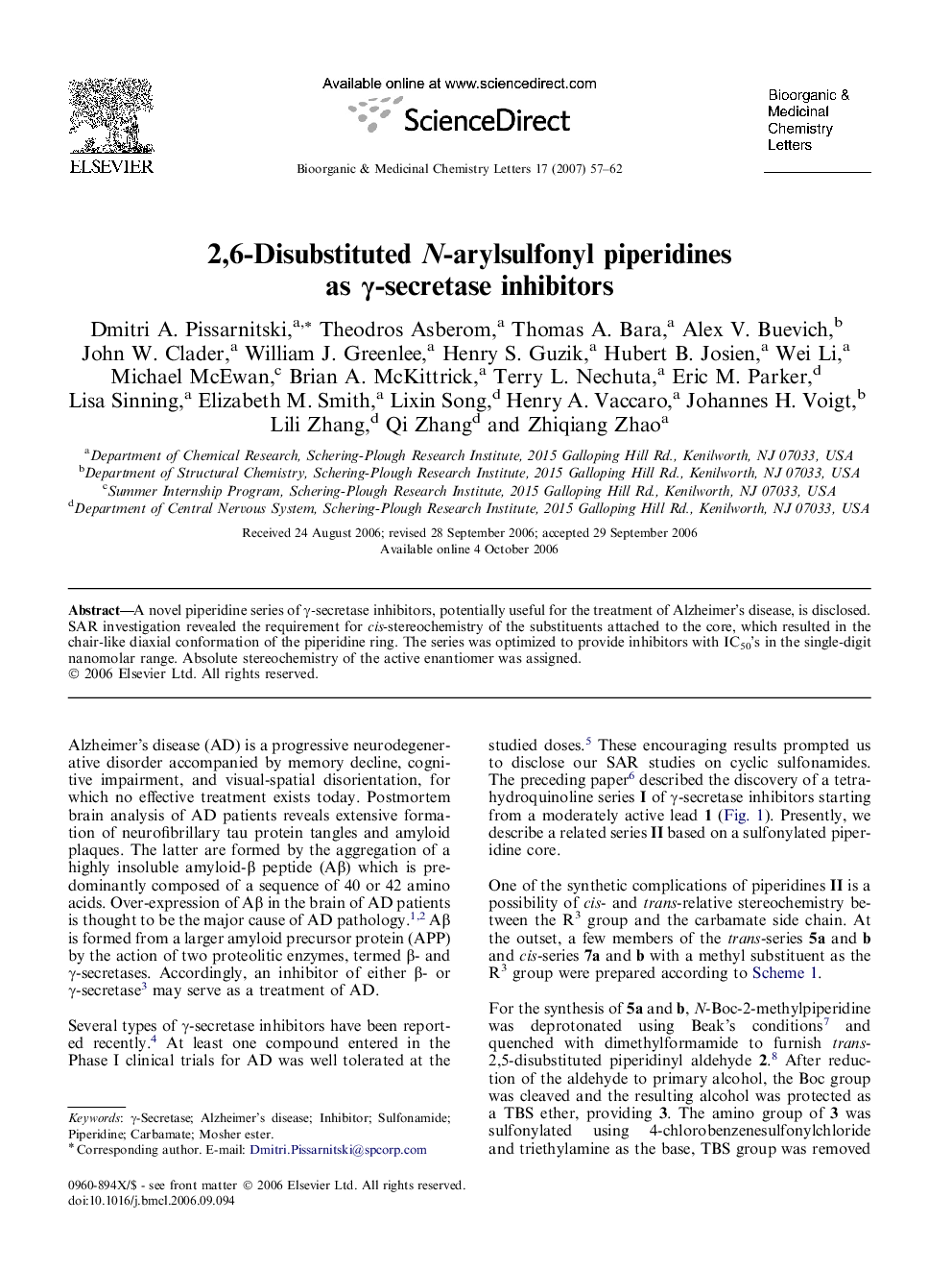 عکس صفحه اول مقاله: 2,6-Disubstituted N-arylsulfonyl piperidines as γ-secretase inhibitors 2,6-Disubstituted N-arylsulfonyl piperidines as γ-secretase inhibitors