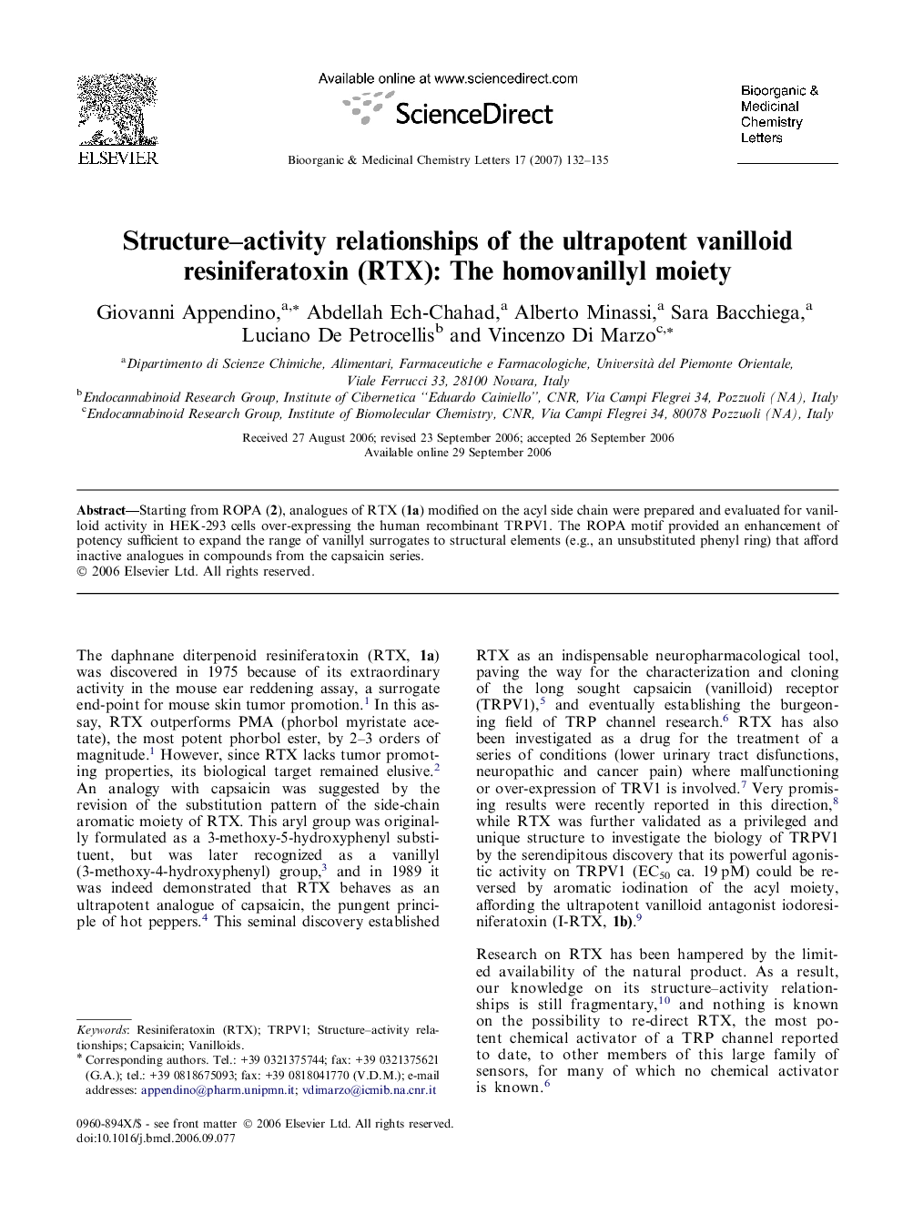 Structure–activity relationships of the ultrapotent vanilloid resiniferatoxin (RTX): The homovanillyl moiety