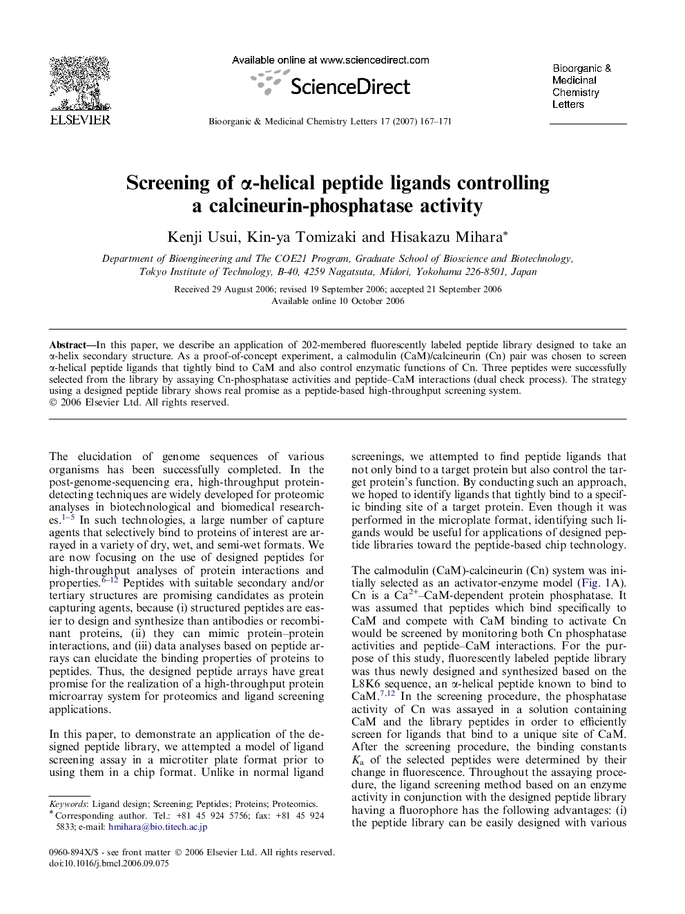 Screening of α-helical peptide ligands controlling a calcineurin-phosphatase activity