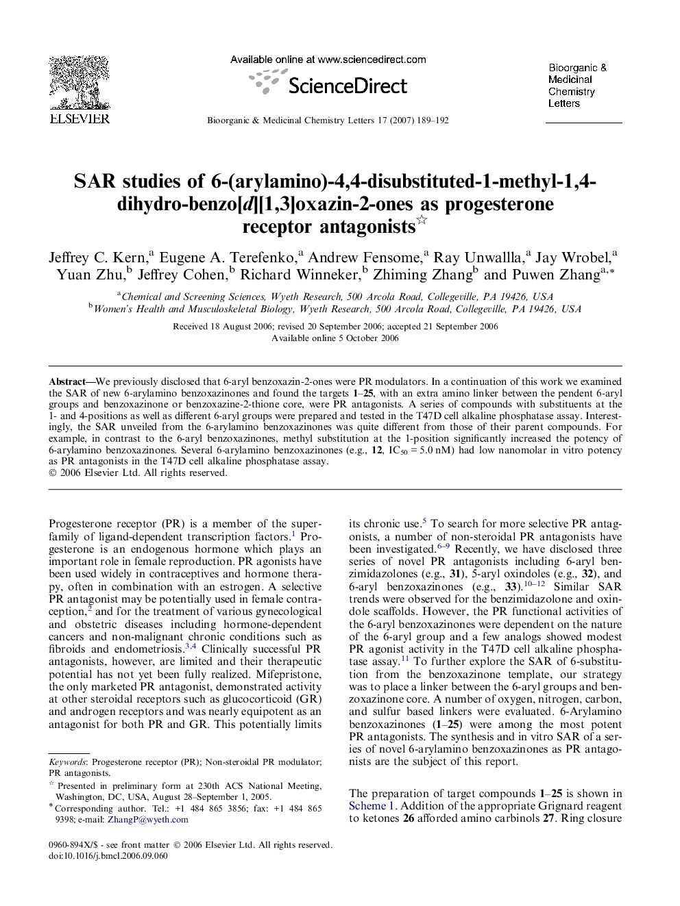 SAR studies of 6-(arylamino)-4,4-disubstituted-1-methyl-1,4-dihydro-benzo[d][1,3]oxazin-2-ones as progesterone receptor antagonists 
