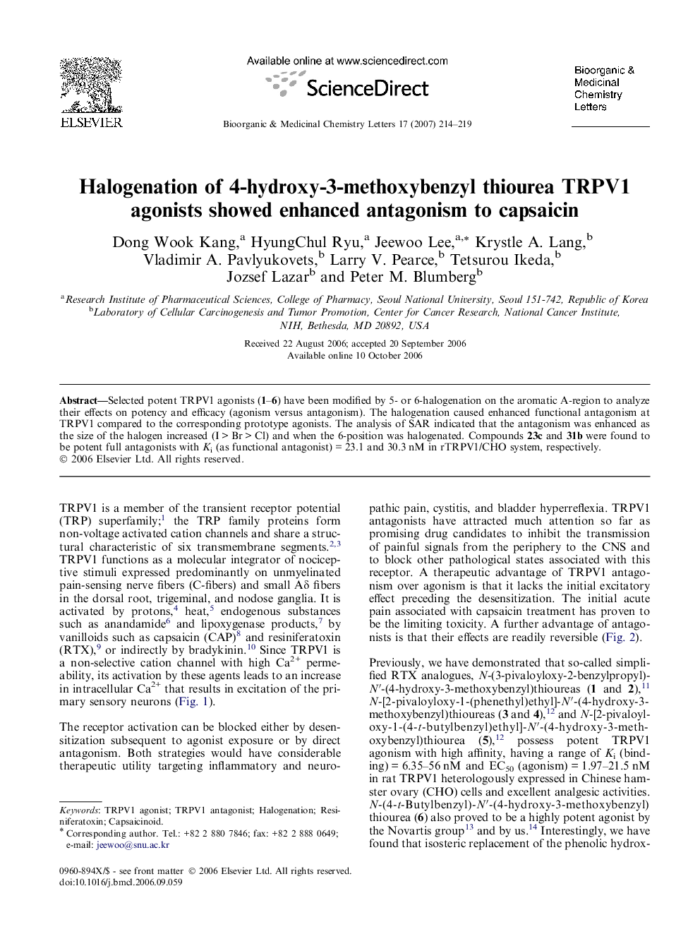 Halogenation of 4-hydroxy-3-methoxybenzyl thiourea TRPV1 agonists showed enhanced antagonism to capsaicin