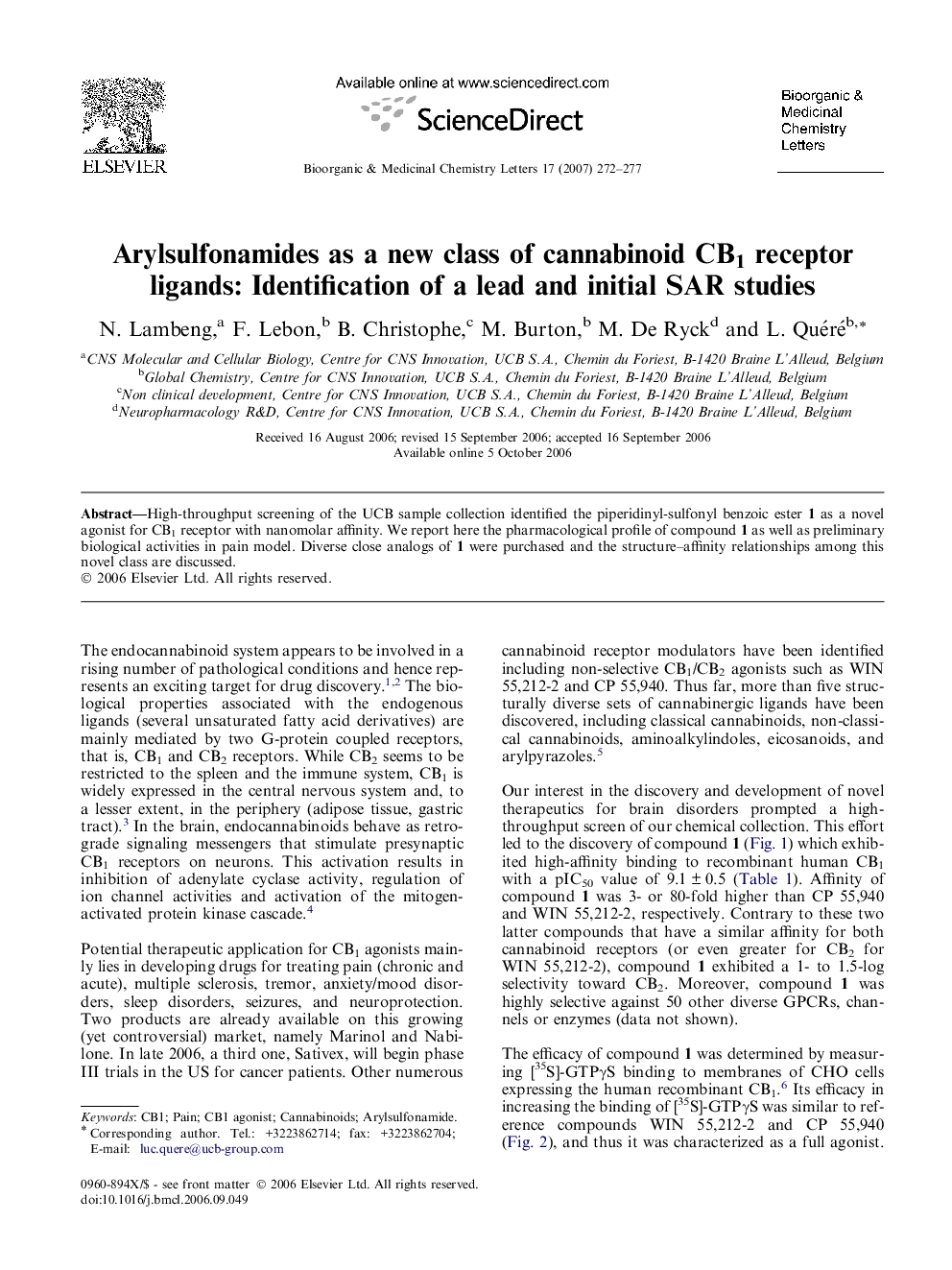 Arylsulfonamides as a new class of cannabinoid CB1 receptor ligands: Identification of a lead and initial SAR studies