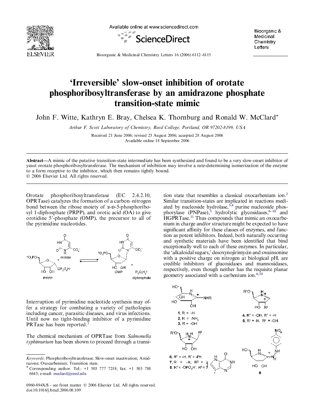 'Irreversible' slow-onset inhibition of orotate phosphoribosyltransferase by an amidrazone phosphate transition-state mimic