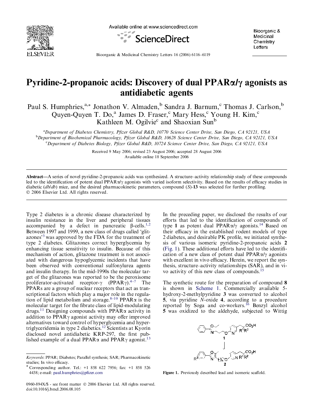 Pyridine-2-propanoic acids: Discovery of dual PPARα/γ agonists as antidiabetic agents