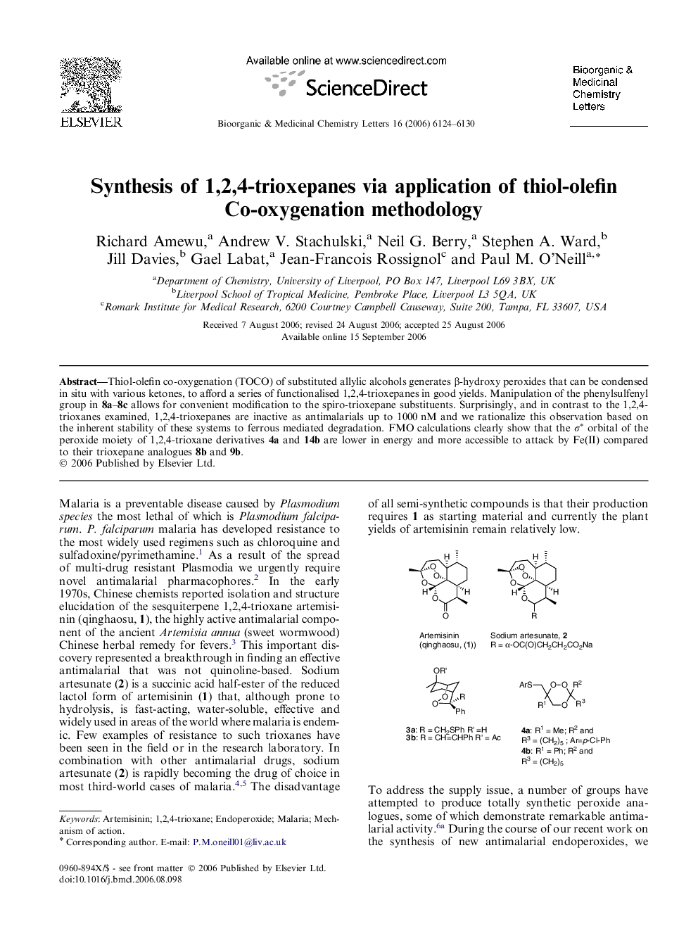 Synthesis of 1,2,4-trioxepanes via application of thiol-olefin Co-oxygenation methodology