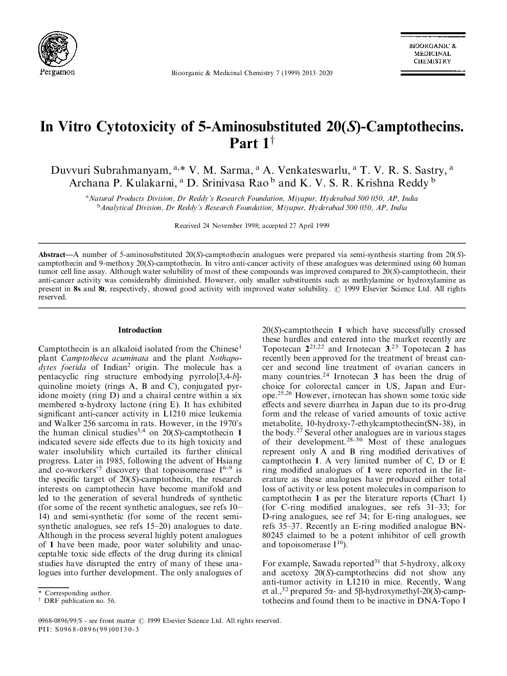 In vitro cytotoxicity of 5-aminosubstituted 20(S)-camptothecins. part 1 