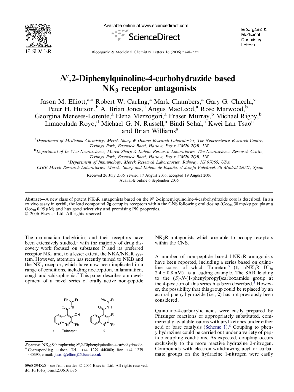 Nâ²,2-Diphenylquinoline-4-carbohydrazide based NK3 receptor antagonists