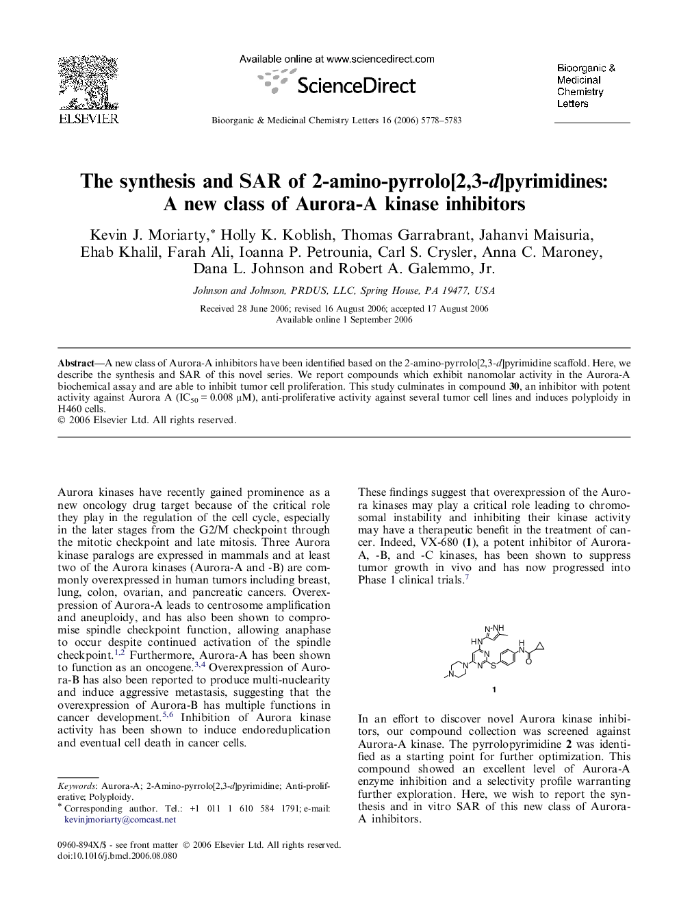 The synthesis and SAR of 2-amino-pyrrolo[2,3-d]pyrimidines: A new class of Aurora-A kinase inhibitors