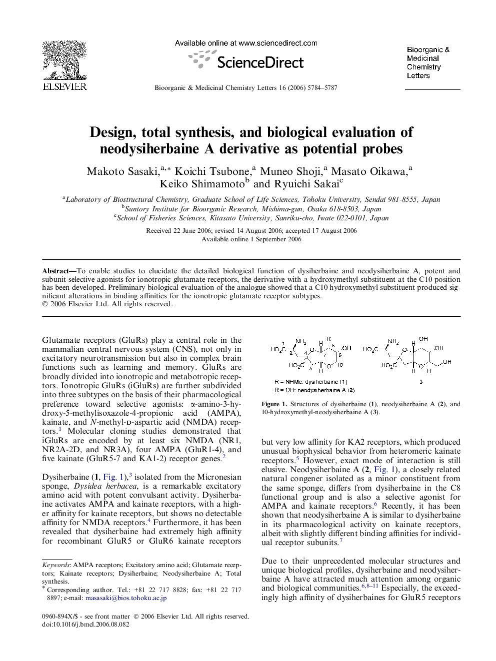 Design, total synthesis, and biological evaluation of neodysiherbaine A derivative as potential probes