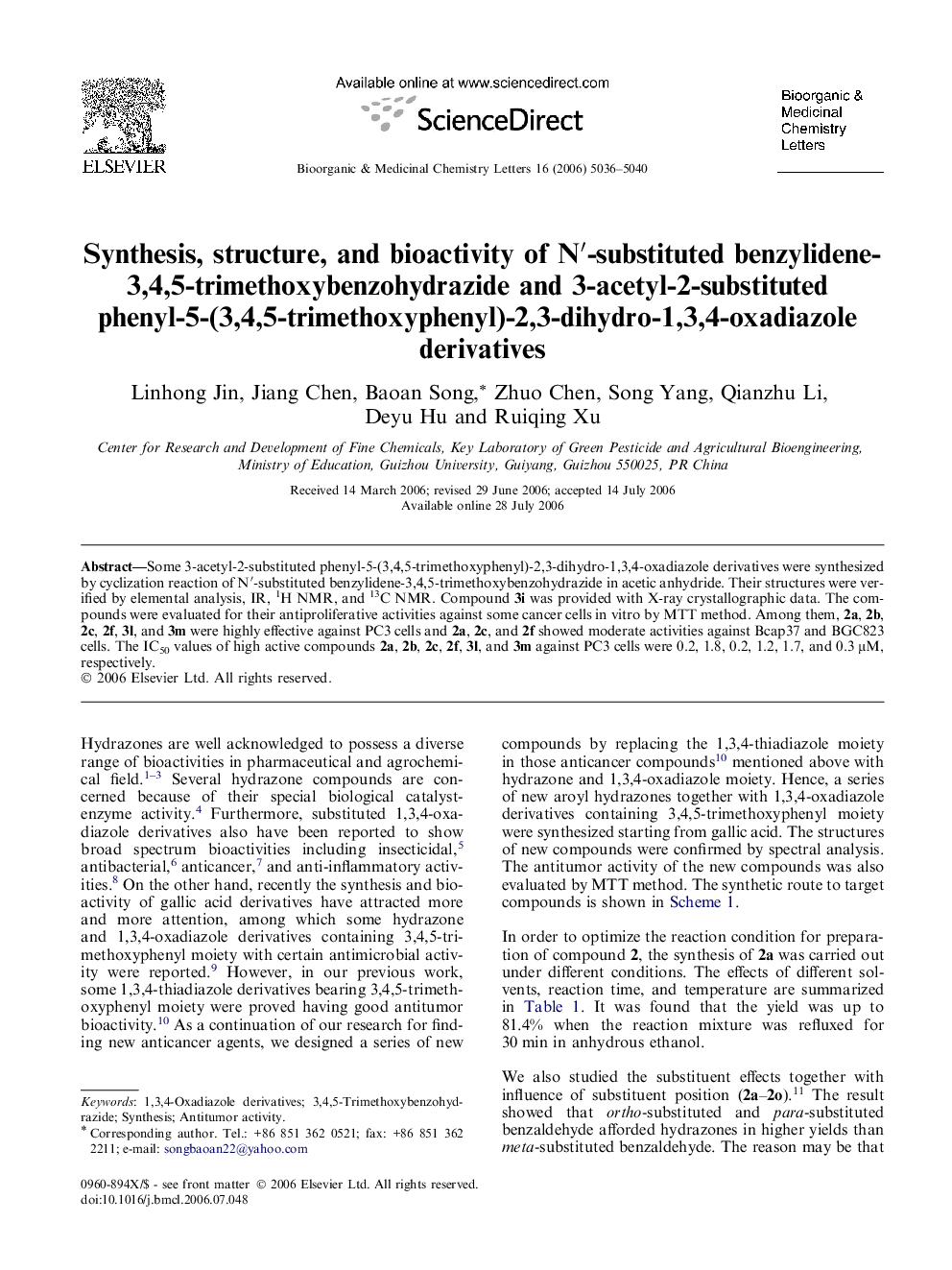 Synthesis, structure, and bioactivity of N′-substituted benzylidene-3,4,5-trimethoxybenzohydrazide and 3-acetyl-2-substituted phenyl-5-(3,4,5-trimethoxyphenyl)-2,3-dihydro-1,3,4-oxadiazole derivatives