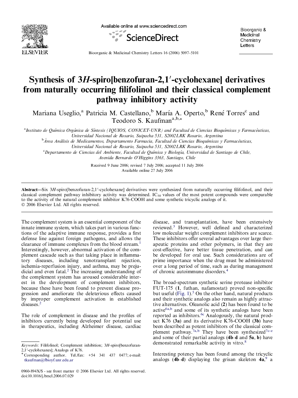 Synthesis of 3H-spiro[benzofuran-2,1′-cyclohexane] derivatives from naturally occurring filifolinol and their classical complement pathway inhibitory activity