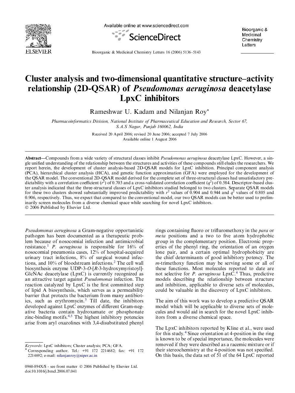 Cluster analysis and two-dimensional quantitative structure–activity relationship (2D-QSAR) of Pseudomonas aeruginosa deacetylase LpxC inhibitors