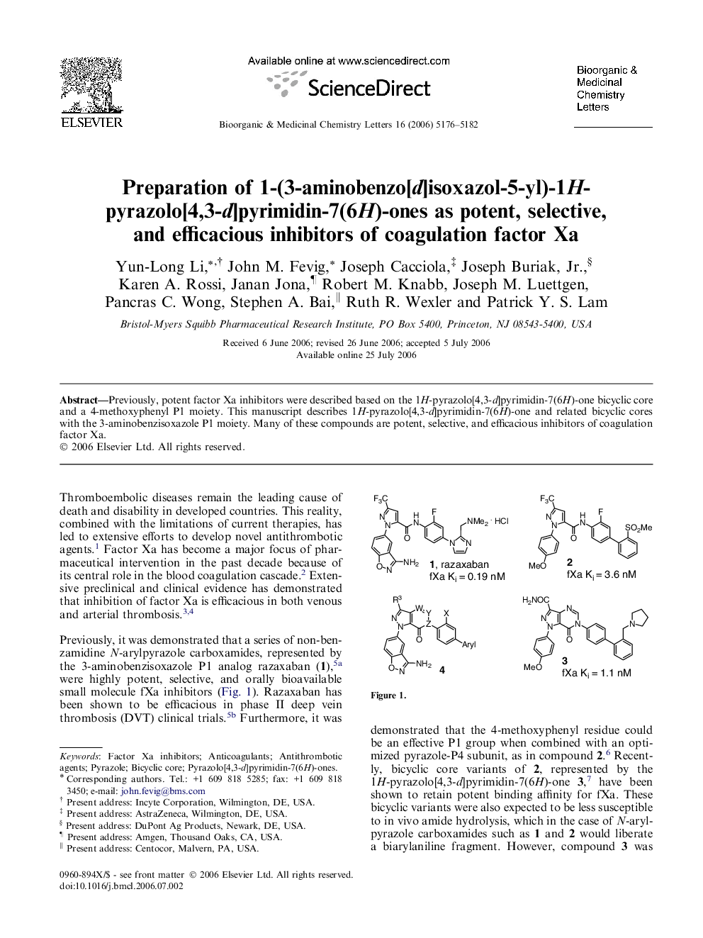 Preparation of 1-(3-aminobenzo[d]isoxazol-5-yl)-1H-pyrazolo[4,3-d]pyrimidin-7(6H)-ones as potent, selective, and efficacious inhibitors of coagulation factor Xa