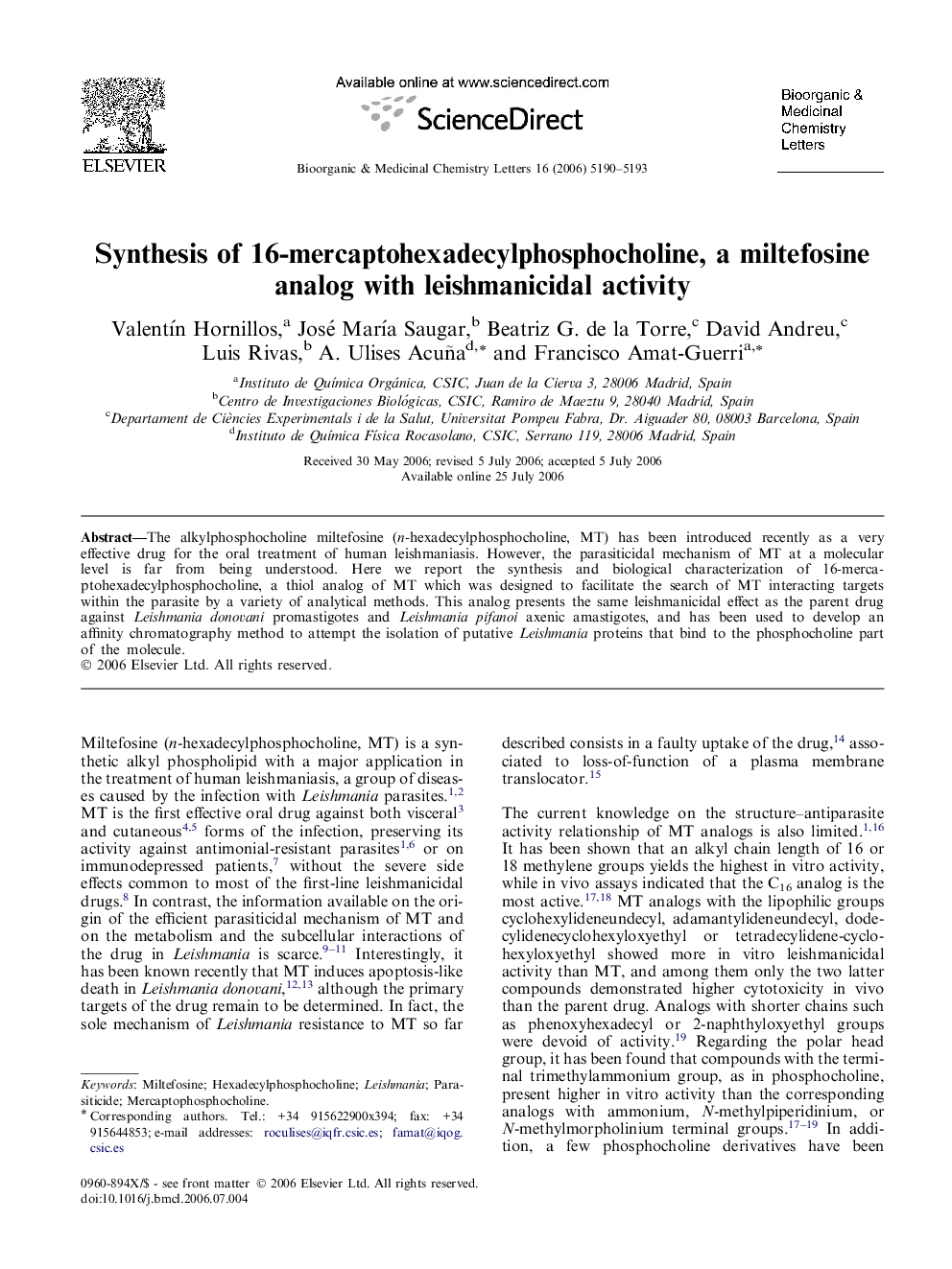 Synthesis of 16-mercaptohexadecylphosphocholine, a miltefosine analog with leishmanicidal activity