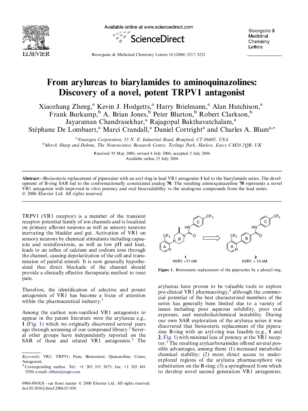 From arylureas to biarylamides to aminoquinazolines: Discovery of a novel, potent TRPV1 antagonist