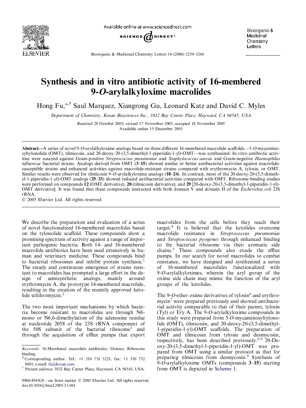 Synthesis and in vitro antibiotic activity of 16-membered 9-O-arylalkyloxime macrolides