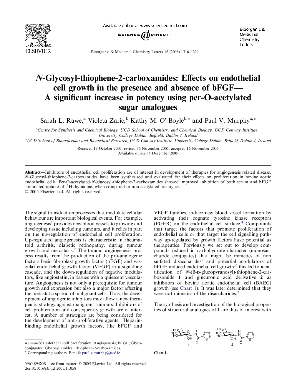 N-Glycosyl-thiophene-2-carboxamides: Effects on endothelial cell growth in the presence and absence of bFGF—A significant increase in potency using per-O-acetylated sugar analogues