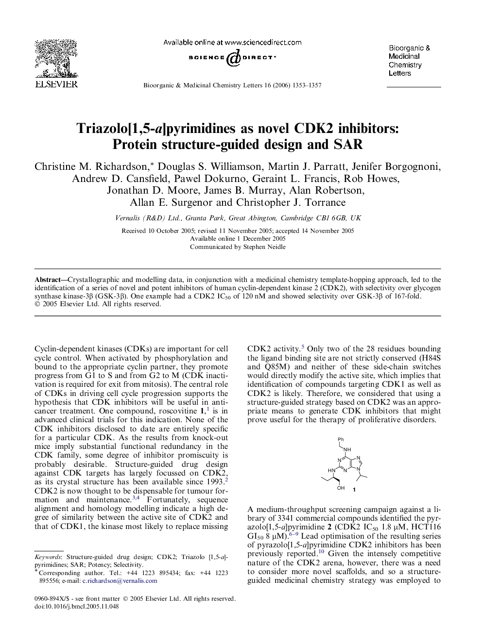 Triazolo[1,5-a]pyrimidines as novel CDK2 inhibitors: Protein structure-guided design and SAR