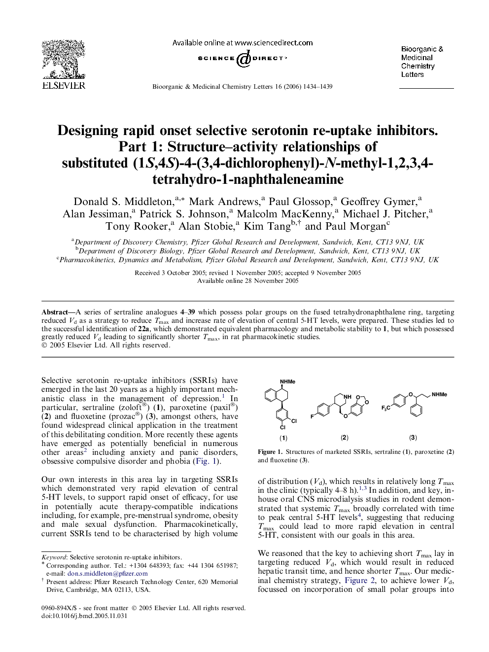 Designing rapid onset selective serotonin re-uptake inhibitors. Part 1: Structure–activity relationships of substituted (1S,4S)-4-(3,4-dichlorophenyl)-N-methyl-1,2,3,4-tetrahydro-1-naphthaleneamine